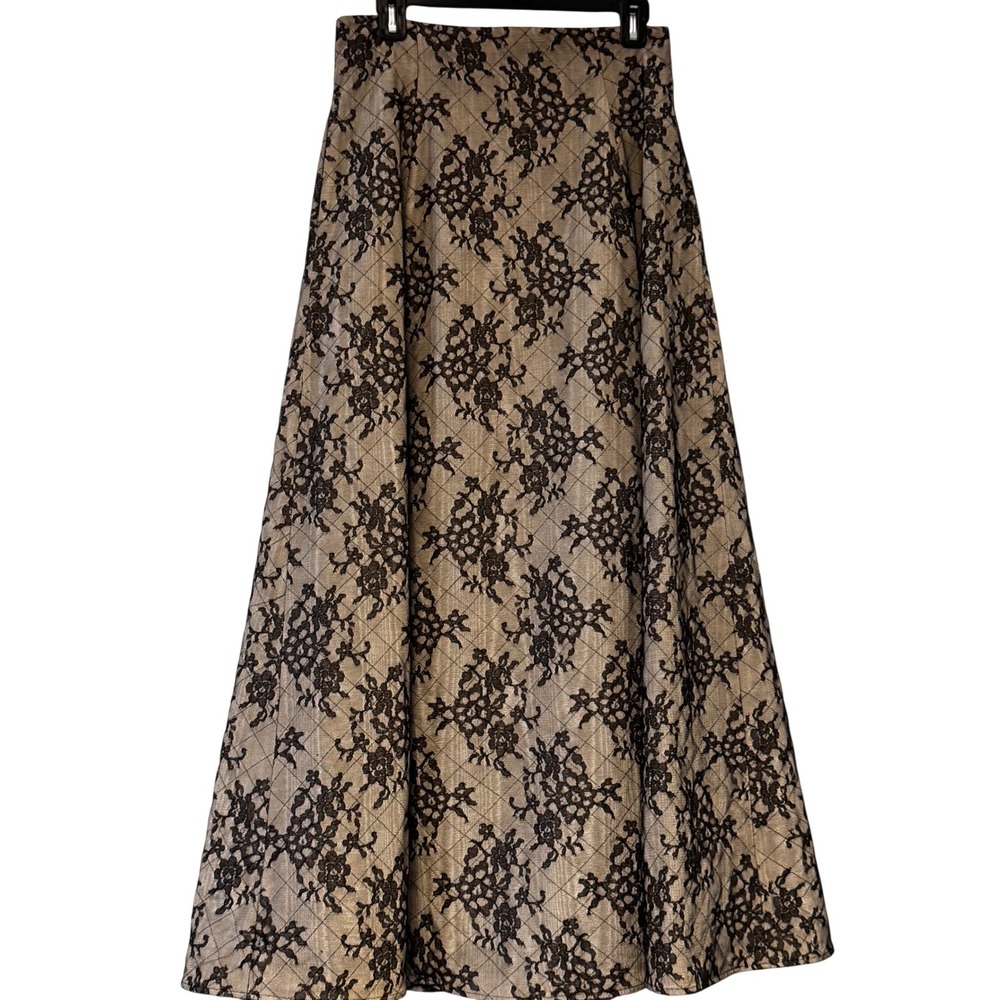 Kay Unger Evening Maxi Skirt Black Floral Lace Gold Quilted A-Line Formal Size 8